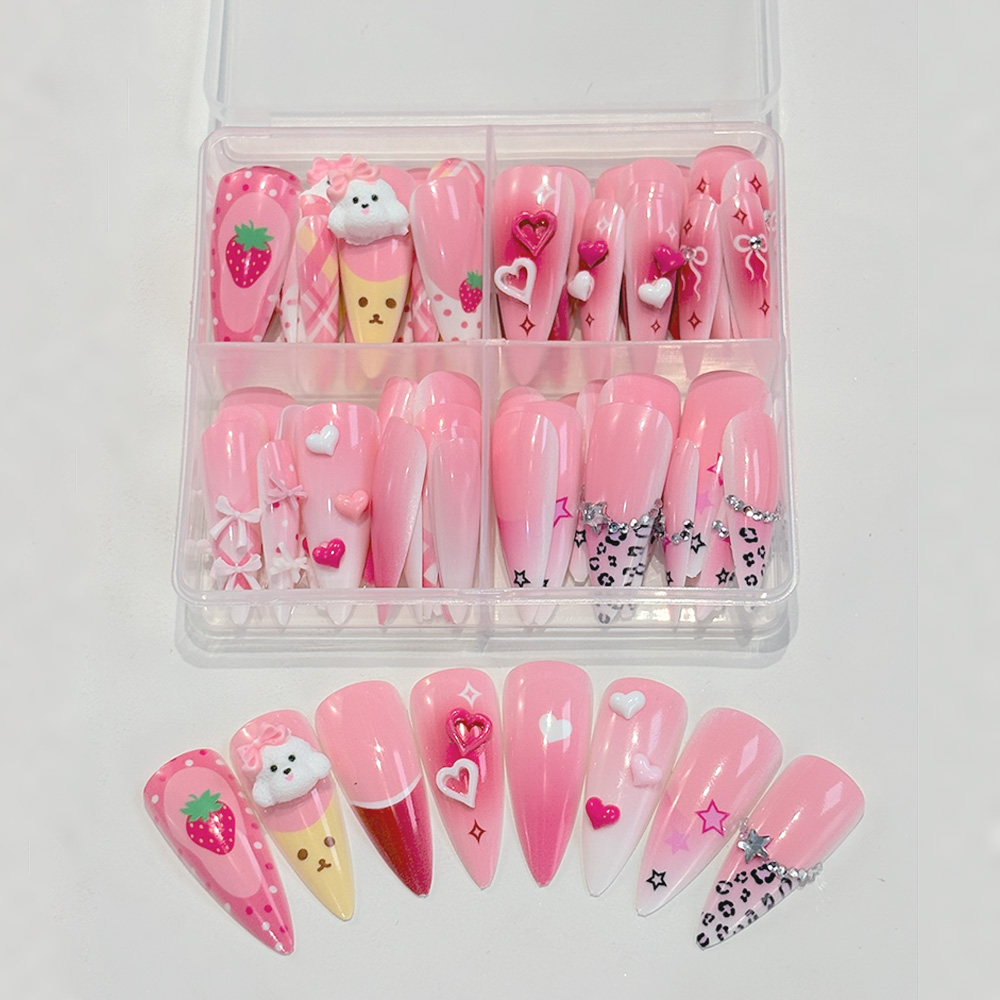 Nail Art Strawberry - 96개 핑크 롱 스틸레토 프레스온 네일