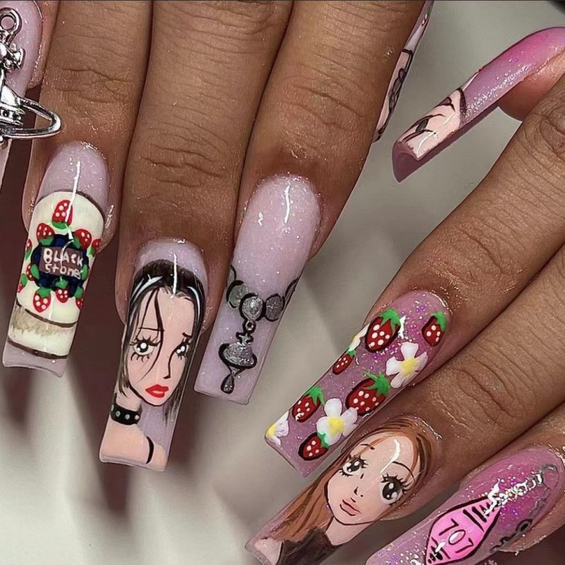 여성용 중간 길이 가짜 손톱, 만화 소녀 딸기 일몰 Y - Nail Art Strawberry 리뷰 및 가격