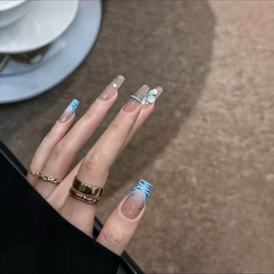 10개 수제 중간 길이 프레스온 네일 블루 지브라 패턴 - Nail Art Zebra Design 리뷰 및 가격