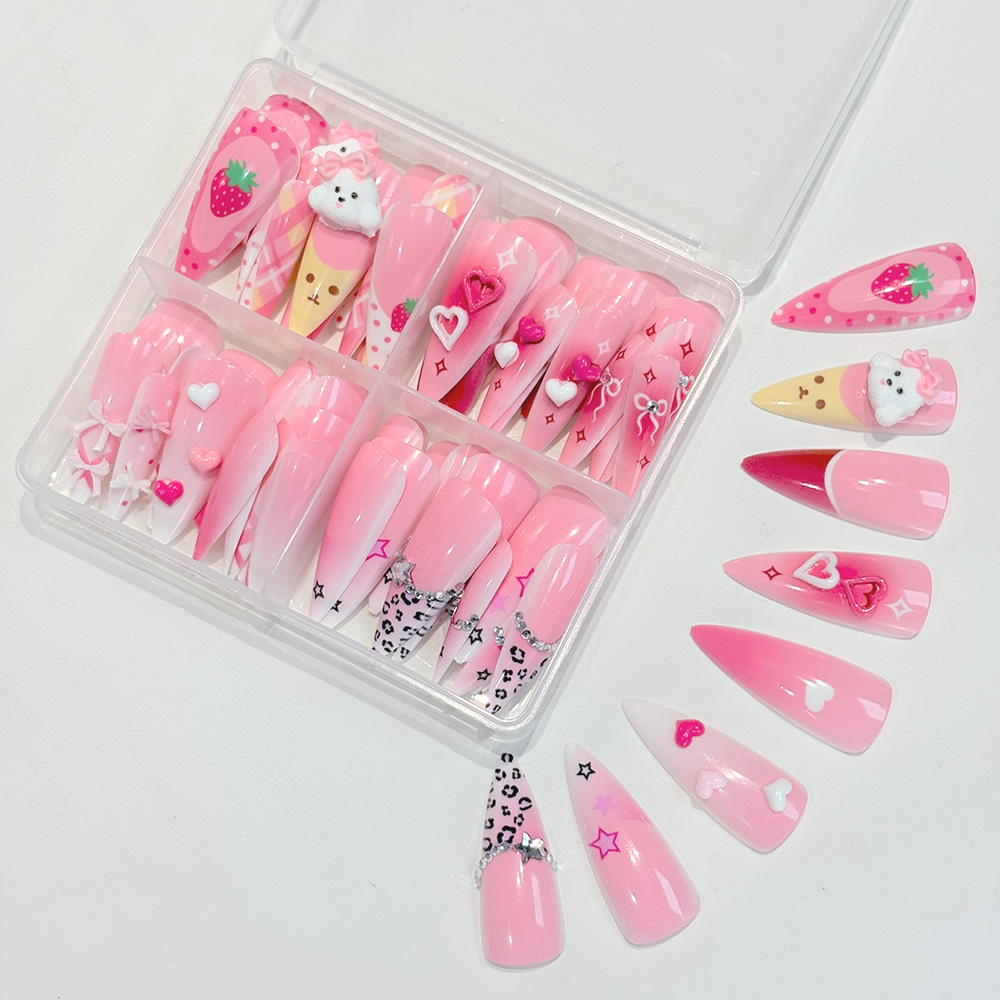 96개 핑크 롱 스틸레토 프레스온 네일 3D 귀여운 딸 - Nail Art Strawberry 리뷰 및 가격