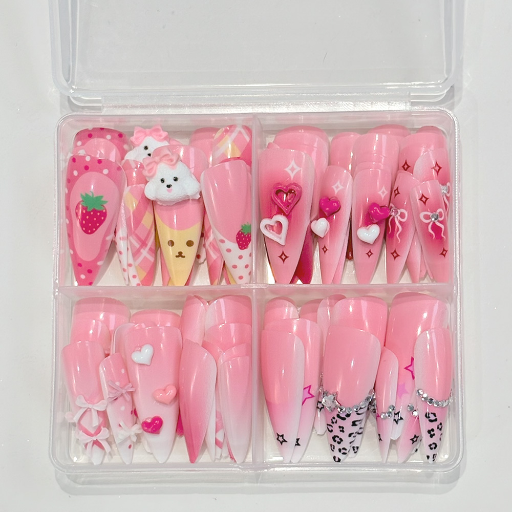 96개 핑크 롱 스틸레토 프레스온 네일 3D 귀여운 딸 - Nail Art Strawberry 리뷰 및 가격