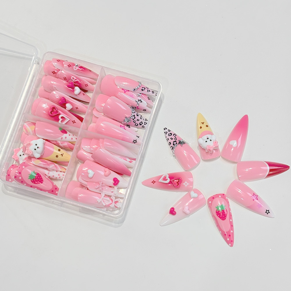 96개 핑크 롱 스틸레토 프레스온 네일 3D 귀여운 딸 - Nail Art Strawberry 리뷰 및 가격
