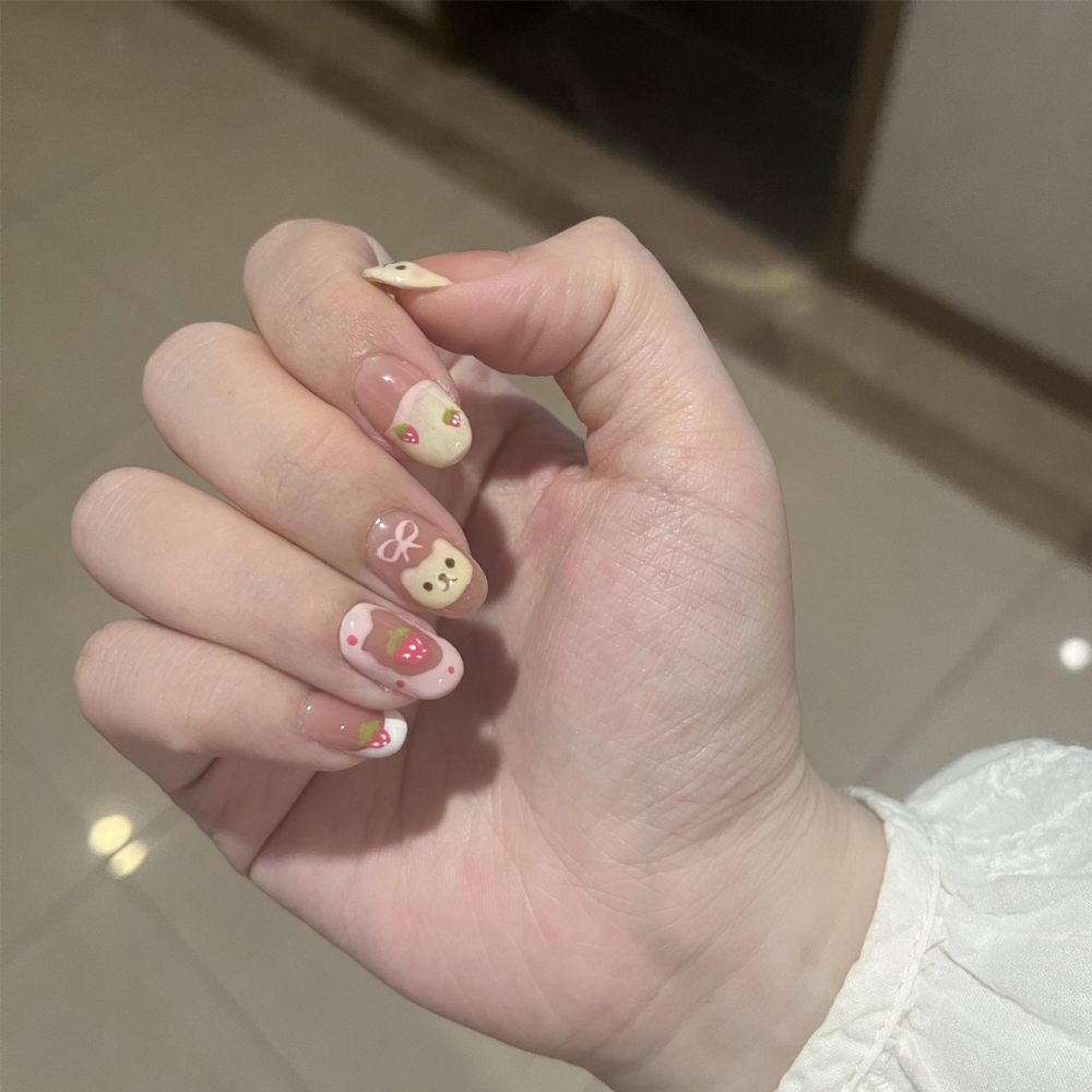 10개입 핑크 딸기 곰 디자인 아몬드 모양 프레스온 네 - Nail Art Strawberry 리뷰 및 가격