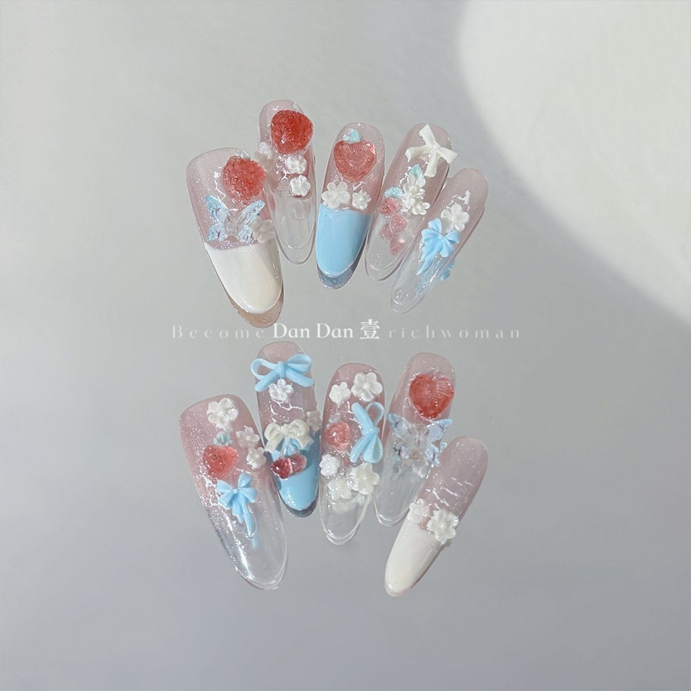 스윗 프린세스 프렌치 샤이닝 보우낫 플라워 롱 아몬드  - Nail Art Strawberry 리뷰 및 가격
