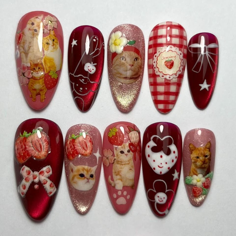 24개 딸기 캣츠아이 프레스온 네일 일본 빈티지 스타일 - Nail Art Strawberry 리뷰 및 가격